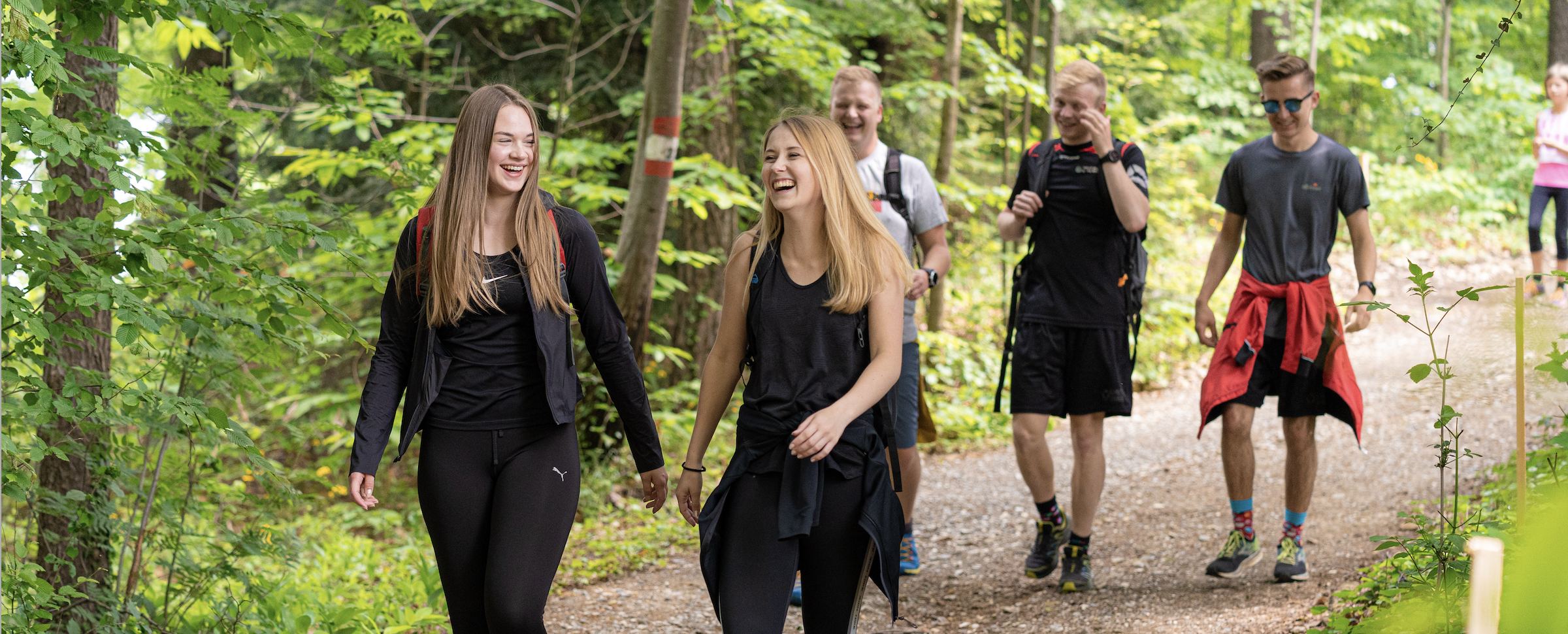 Eine Gruppe Menschen, die fröhlich im Wald spaziert